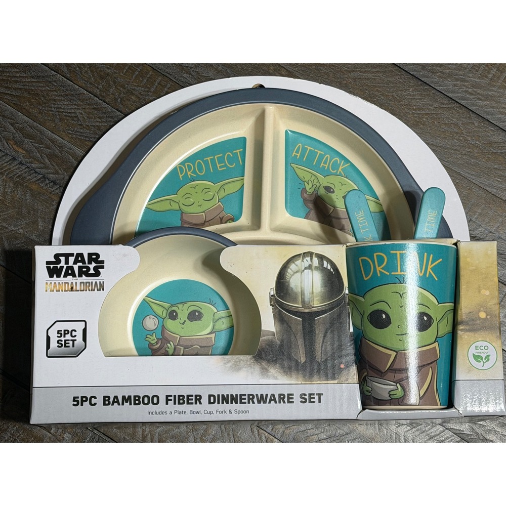 Star Wars Mandalorian Dinnerware Set Kids OS Teal NWT Bamboo Fiber 5pc Grogu